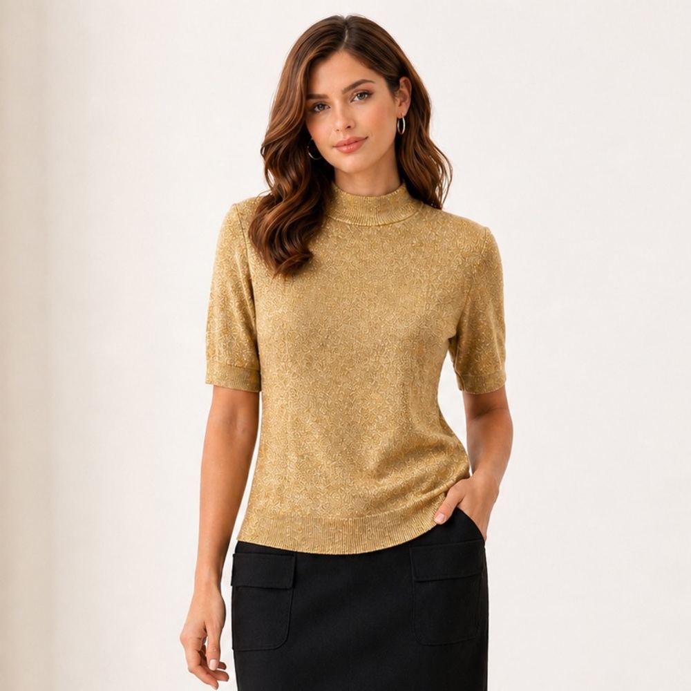 St John Separates Gold Metallic Santana Knit Sweater Size Medium Top USA Vintage
